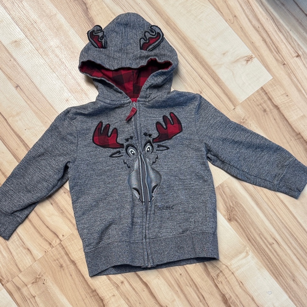 Kids Grey Moose Hooded Zip-Up Sweatshirt